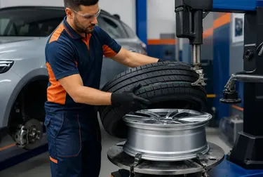 Profissional trocando pneus de carro em borracharia.