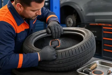 Técnico consertando um pneu em borracharia.