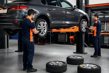 Técnico fazendo rodízio de pneus em veículo.