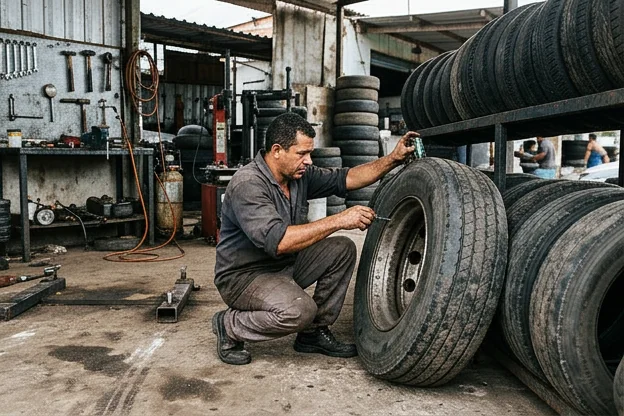 Técnico inspecionando pneus para manutenção.