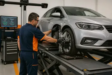 Técnico realizando alinhamento de rodas em veículo.