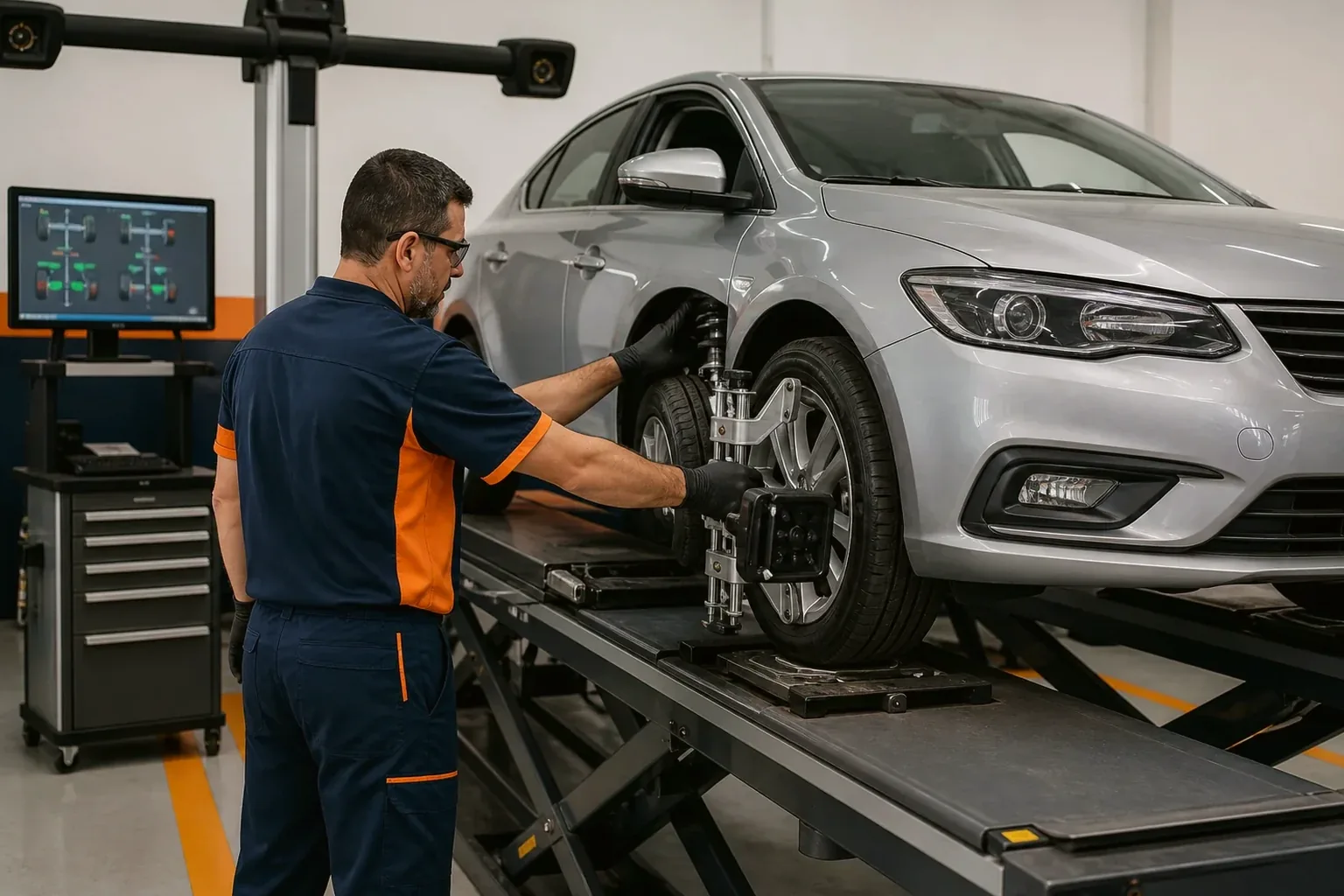 Técnico realizando alinhamento de rodas em veículo.
