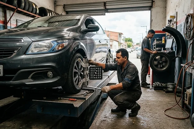 Técnico realizando alinhamento e balanceamento em um veículo.